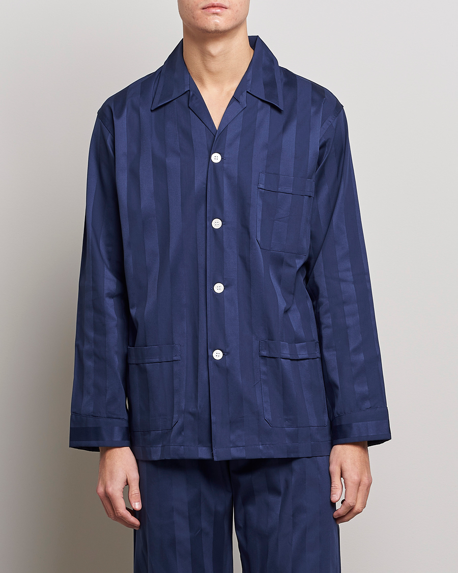 Hombres |  | Derek Rose | Striped Cotton Satin Pyjama Set Navy