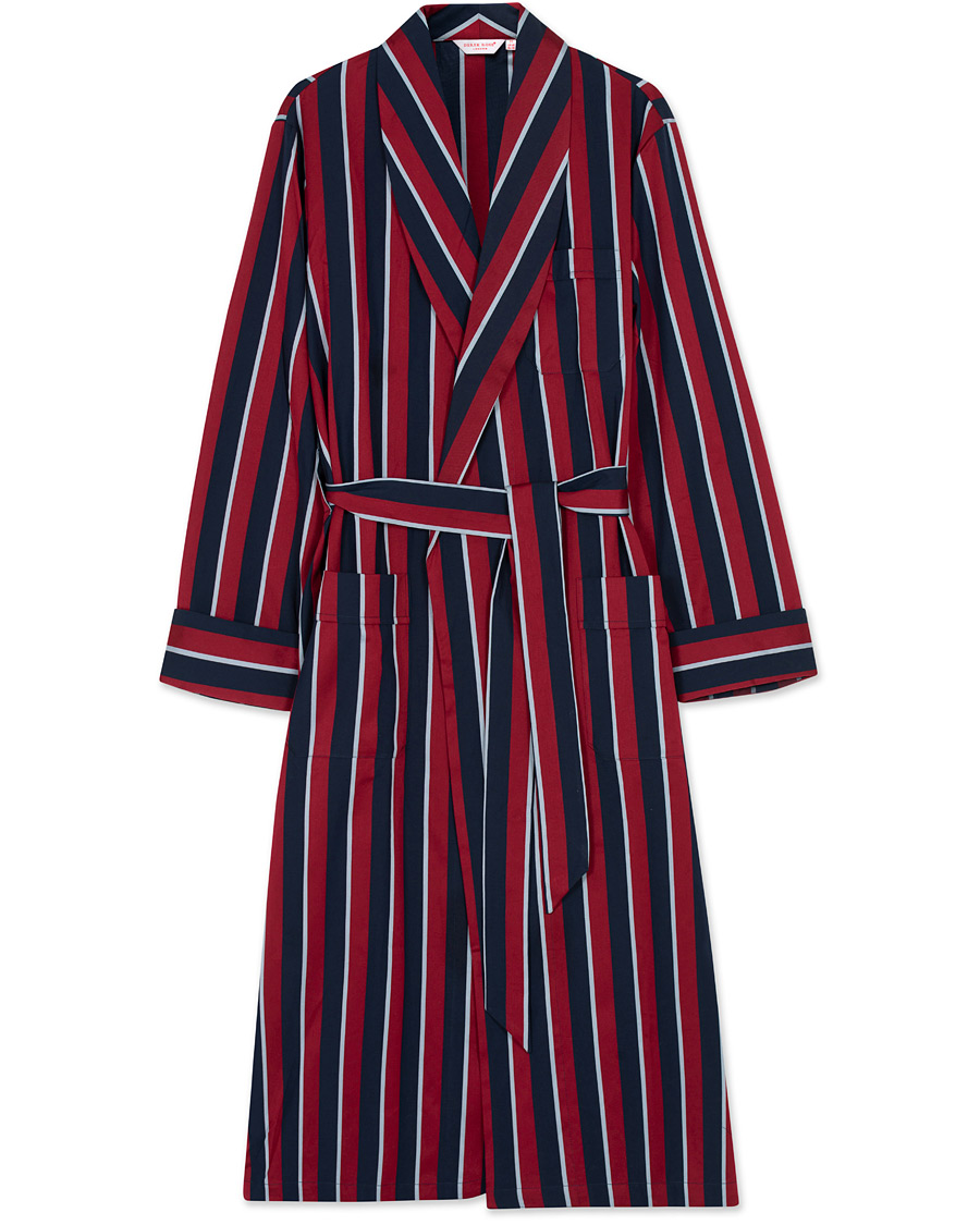 Hombres | Pijamas y batas | Derek Rose | Striped Cotton Satin Dressing Gown Red/Blue/White