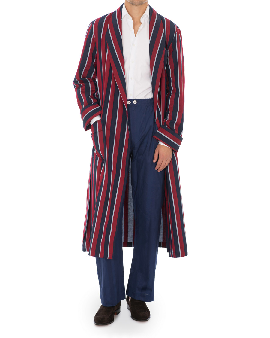 Hombres | Pijamas y batas | Derek Rose | Striped Cotton Satin Dressing Gown Red/Blue/White