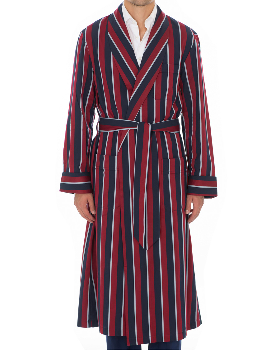 Hombres | Pijamas y batas | Derek Rose | Striped Cotton Satin Dressing Gown Red/Blue/White