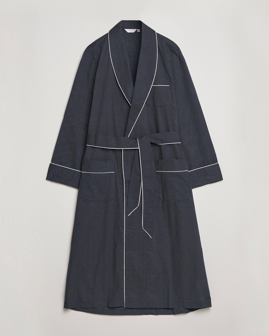 Hombres | Pijamas y batas | Derek Rose | Polka Dot Cotton Satin Dressing Gown Navy