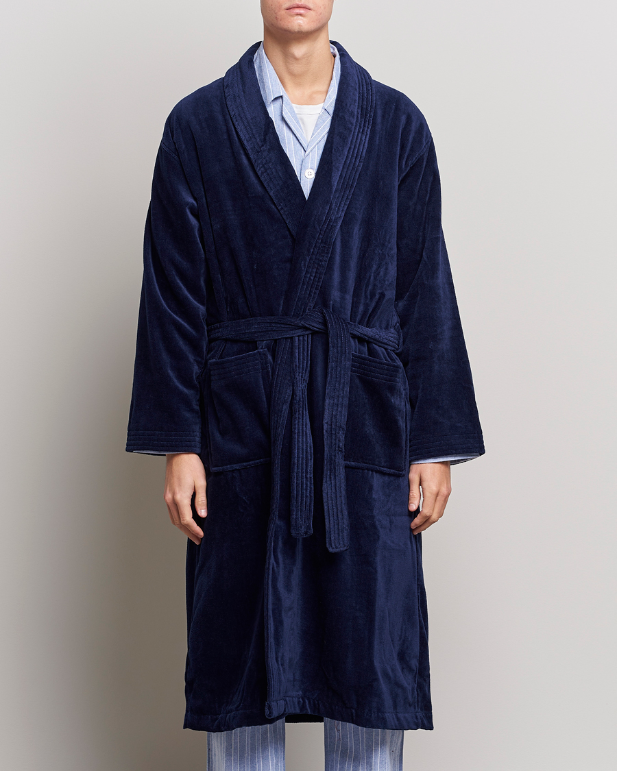 Hombres | Pijamas y batas | Derek Rose | Cotton Velour Gown Navy