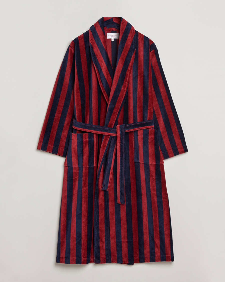Hombres | Pijamas y batas | Derek Rose | Cotton Velour Striped Gown Red/Blue