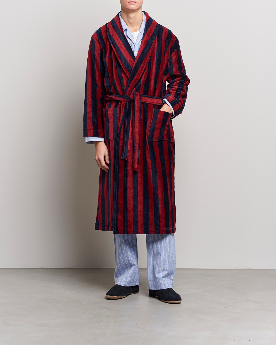 Hombres | Pijamas y batas | Derek Rose | Cotton Velour Striped Gown Red/Blue