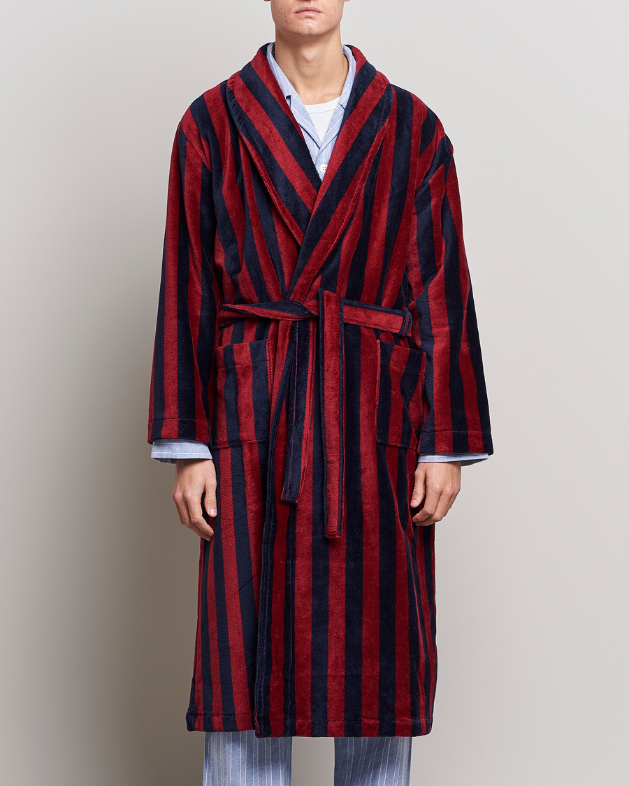 Hombres | Pijamas y batas | Derek Rose | Cotton Velour Striped Gown Red/Blue