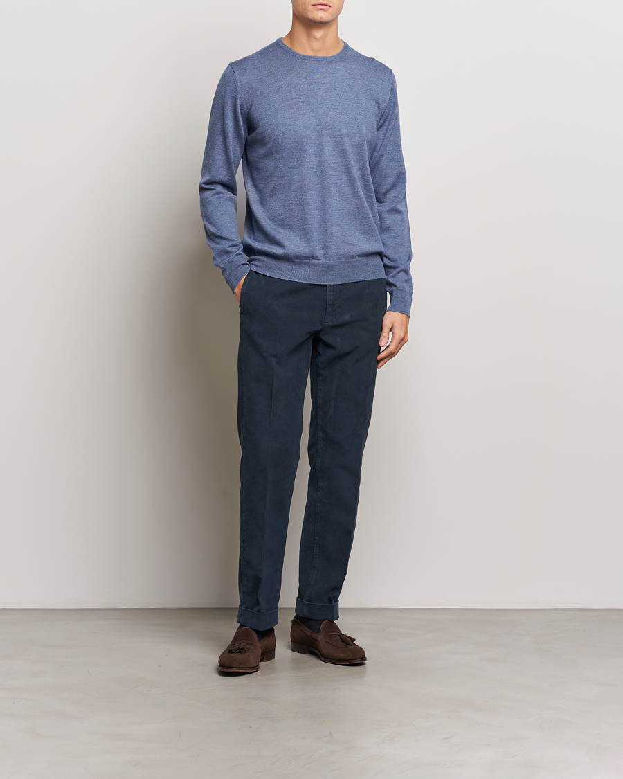 Hombres | Jerséis y prendas de punto | Gran Sasso | Merino Fashion Fit Crew Neck Pullover Blue Melange