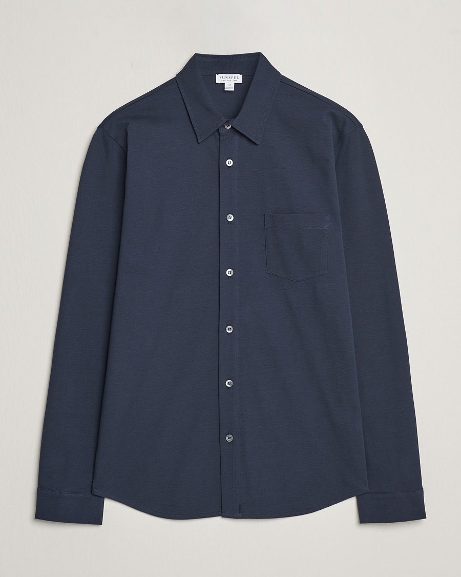 Hombres | Camisas | Sunspel | Long Sleeve Button Down Pique Shirt Navy