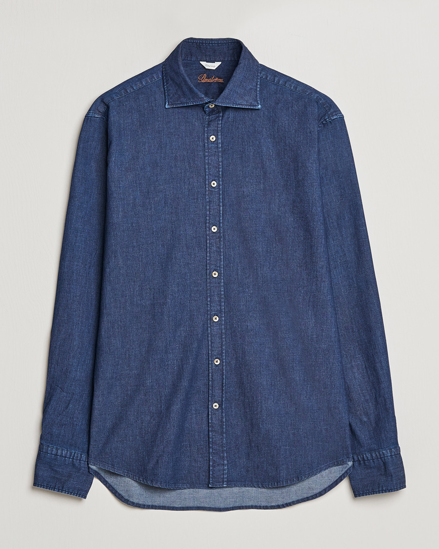 Hombres | Camisas | Stenströms | Fitted Body Garment Washed Shirt Dark Denim