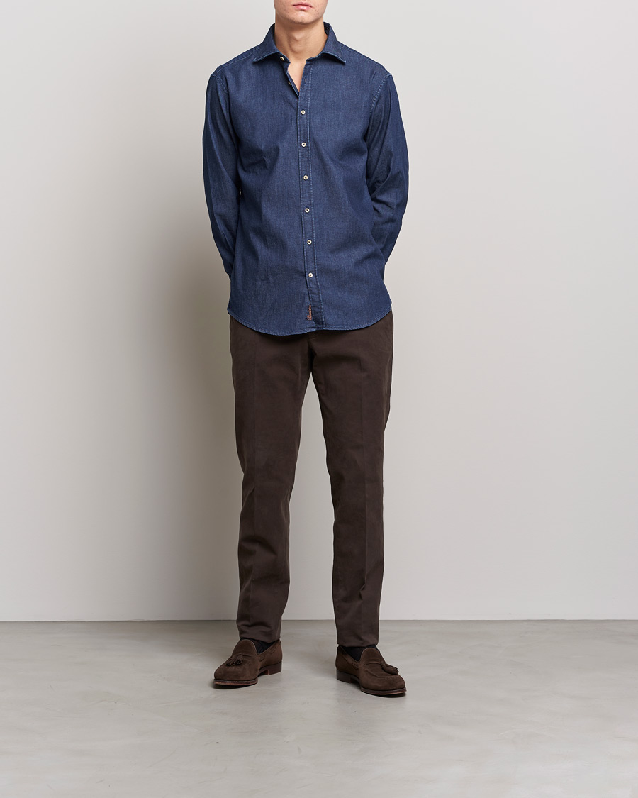 Hombres | Camisas | Stenströms | Fitted Body Garment Washed Shirt Dark Denim