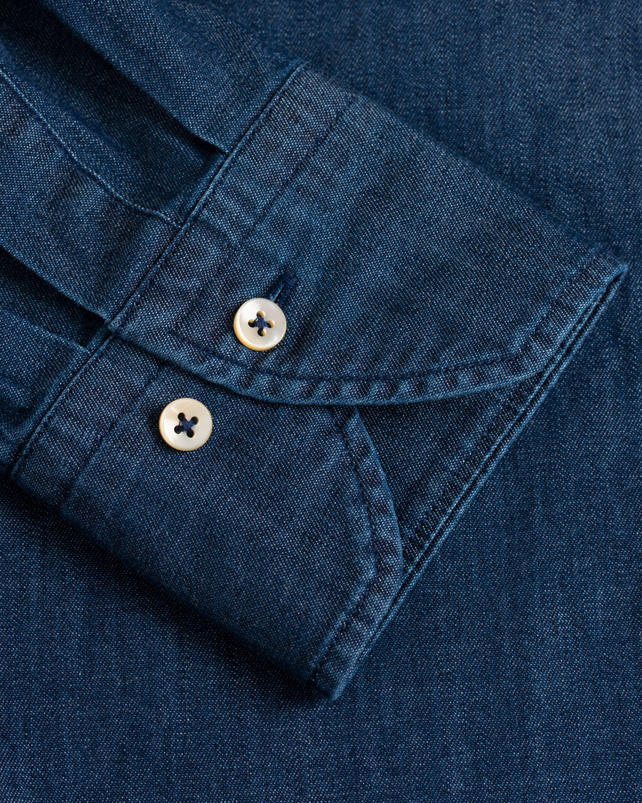 Hombres | Camisas | Stenströms | Fitted Body Garment Washed Shirt Dark Denim