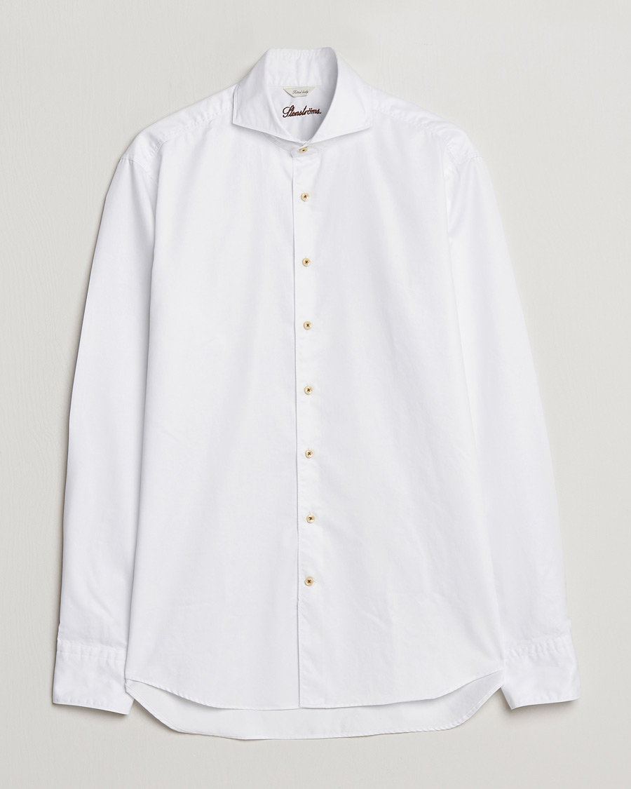 Hombres | Camisas | Stenströms | Fitted Body Washed Cotton Plain Shirt White