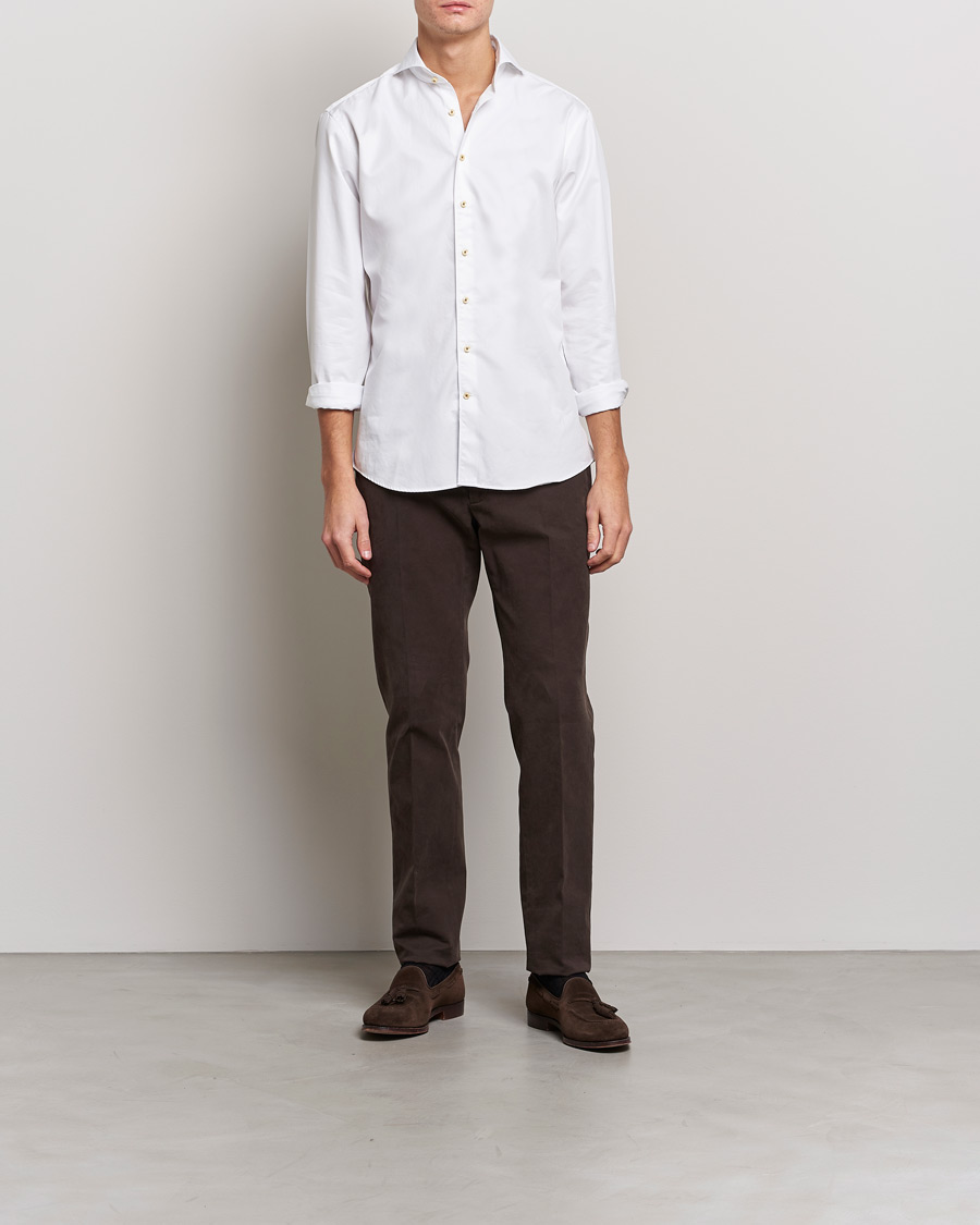 Hombres | Camisas | Stenströms | Fitted Body Washed Cotton Plain Shirt White