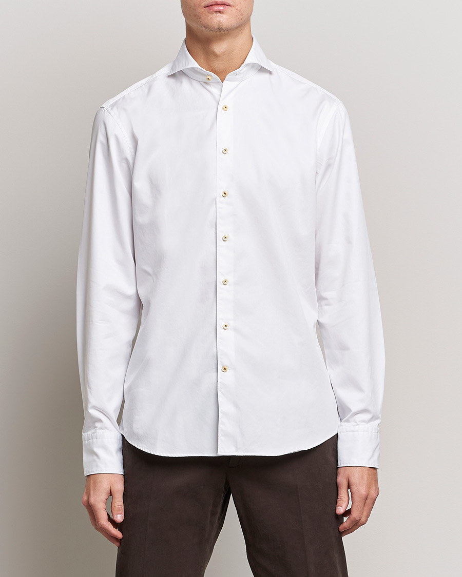 Hombres | Camisas casuales | Stenströms | Fitted Body Washed Cotton Plain Shirt White