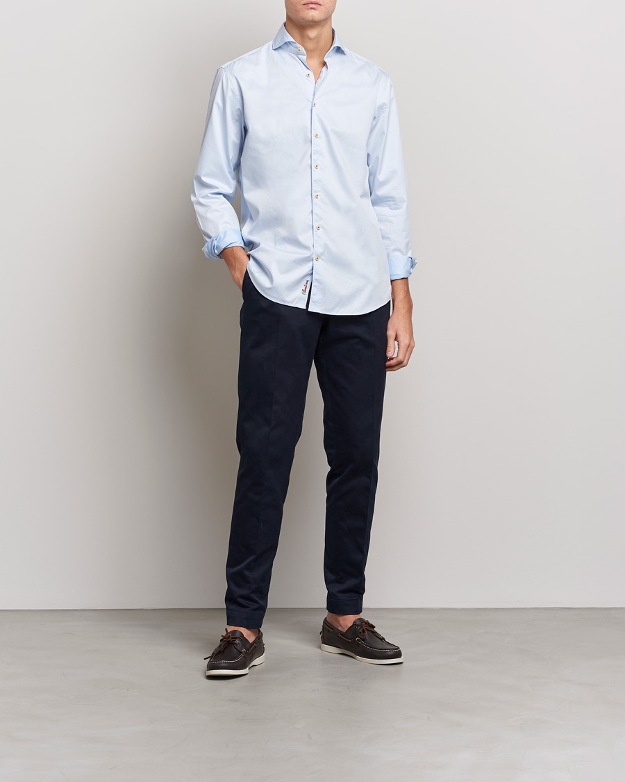 Hombres | Camisas | Stenströms | Fitted Body Washed Cotton Plain Shirt Light Blue