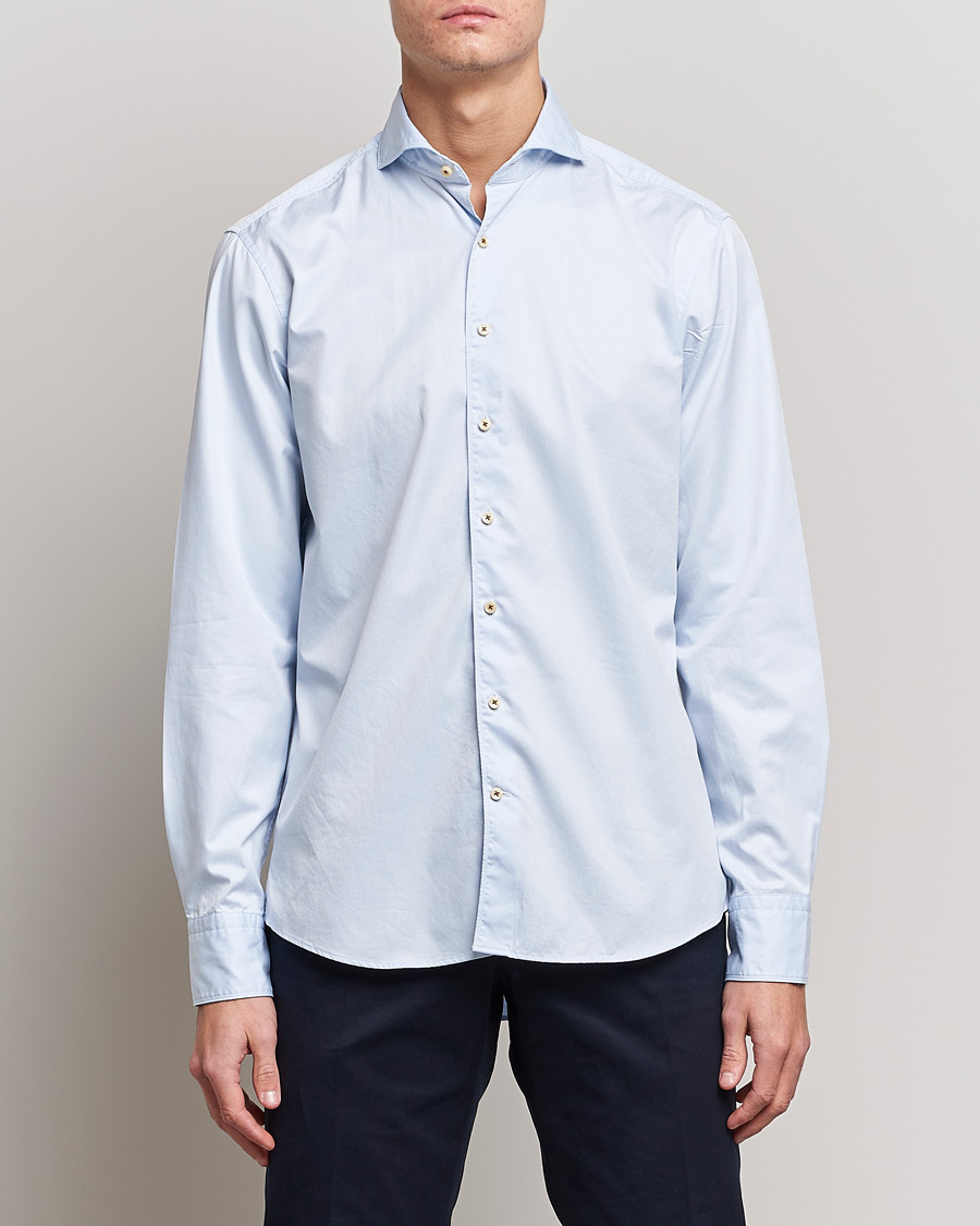 Hombres | Camisas casuales | Stenströms | Fitted Body Washed Cotton Plain Shirt Light Blue