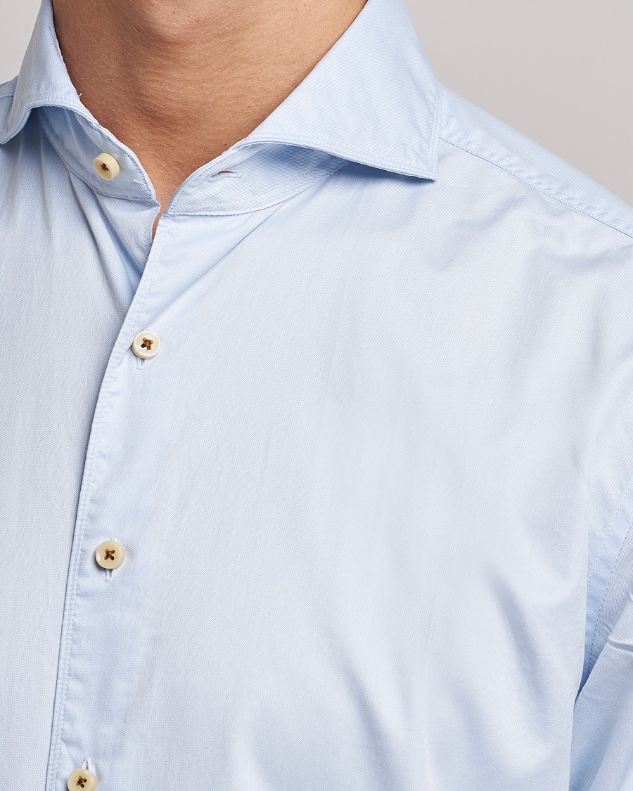 Hombres | Camisas | Stenströms | Fitted Body Washed Cotton Plain Shirt Light Blue