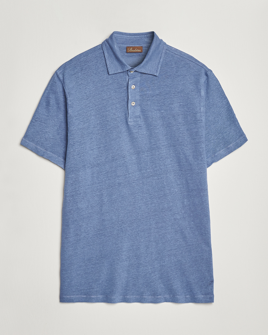 Hombres | Polos | Stenströms | Linen Polo Shirt Mid Blue
