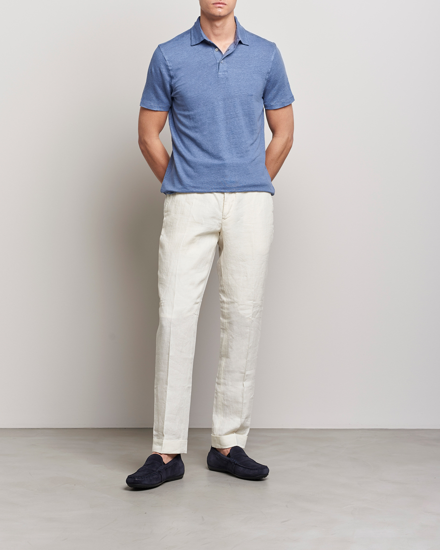 Hombres | Polos | Stenströms | Linen Polo Shirt Mid Blue