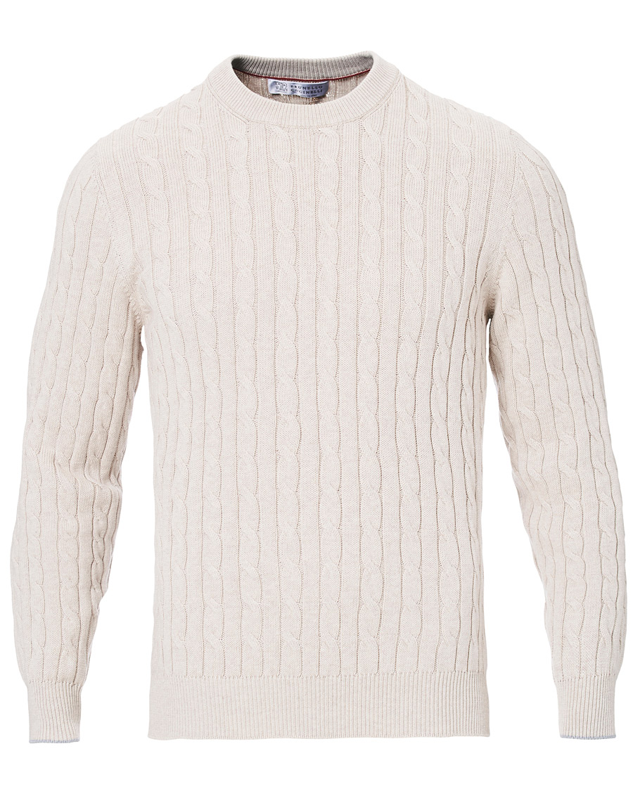 Hombres | Jerséis y prendas de punto | Brunello Cucinelli | Crew Neck Cotton Cable Sweater Beige