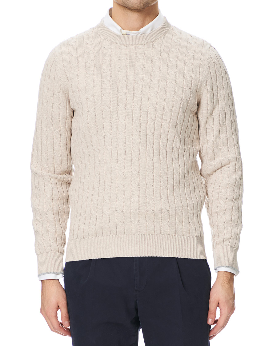 Hombres | Jerséis y prendas de punto | Brunello Cucinelli | Crew Neck Cotton Cable Sweater Beige