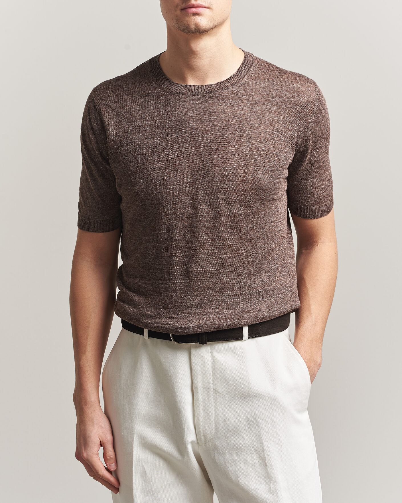 Hombres | Camisetas | Gran Sasso | Crew Neck Linen Tee Light Brown