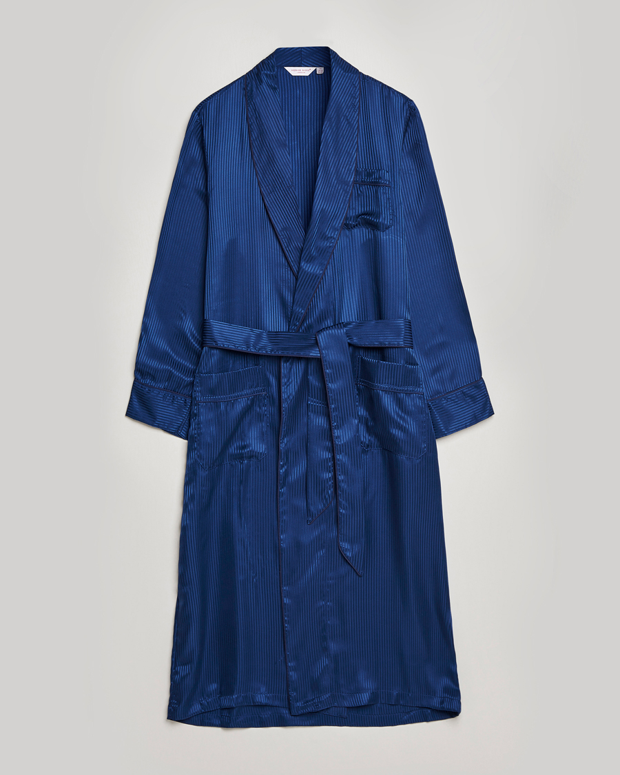 Hombres | Pijamas y batas | Derek Rose | Pure Silk Striped Dressing Gown Navy