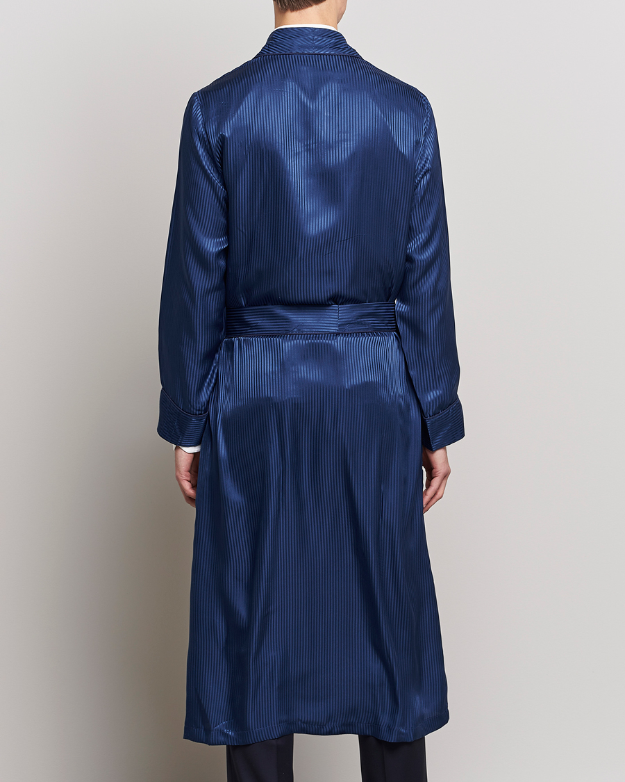 Hombres | Pijamas y batas | Derek Rose | Pure Silk Striped Dressing Gown Navy