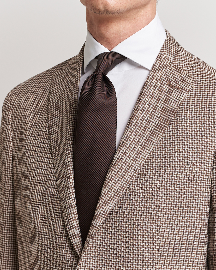 Hombres | Preppy Authentic | Drake's | Handrolled Woven Silk 8 cm Tie Brown