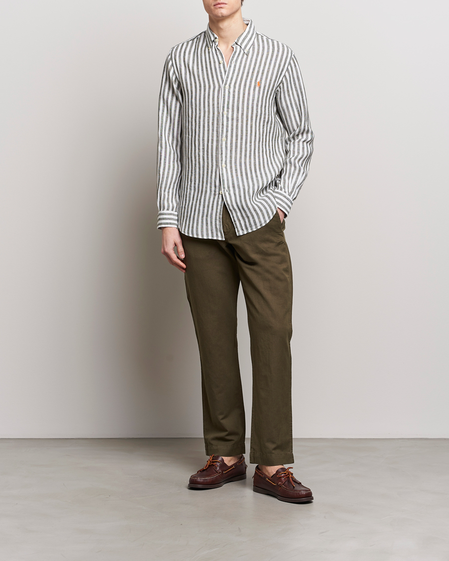 Hombres | Camisas | Polo Ralph Lauren | Custom Fit Striped Linen Shirt Olive/White