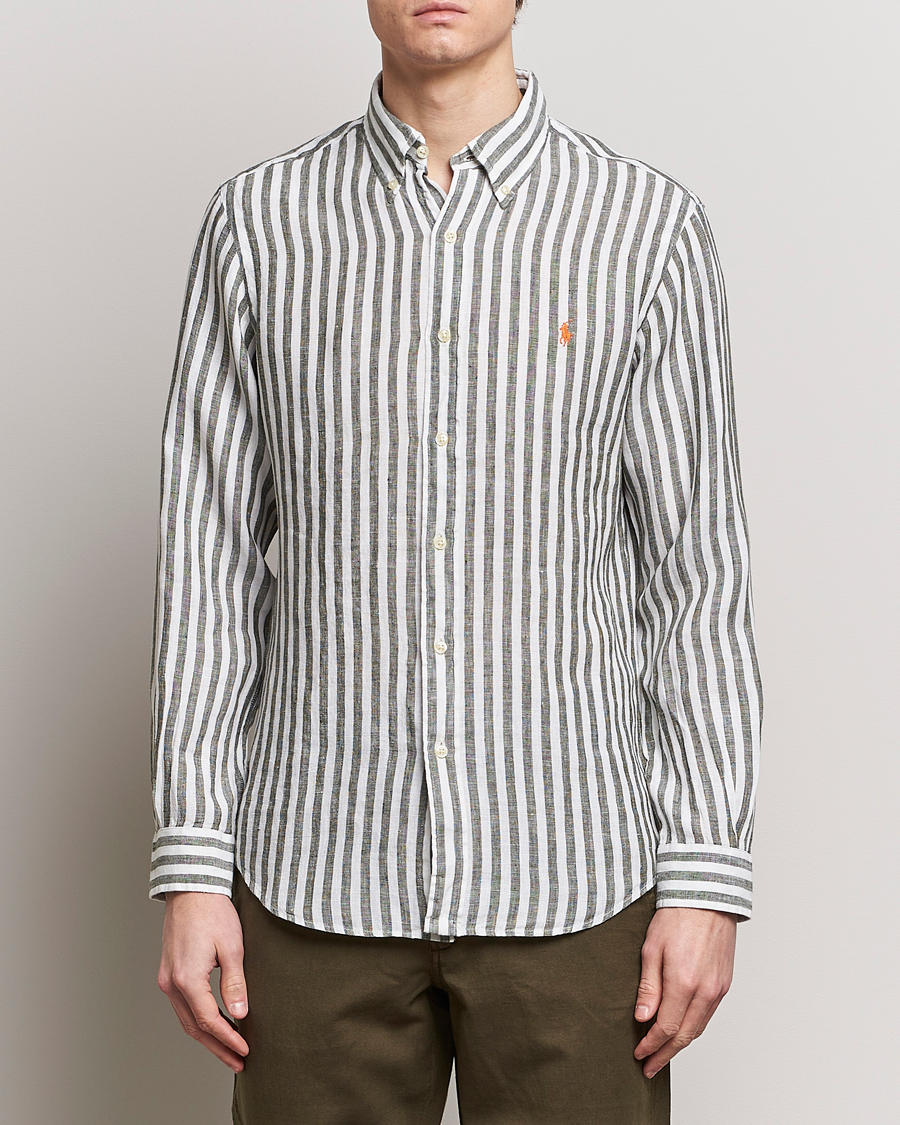 Hombres | Camisas de lino | Polo Ralph Lauren | Custom Fit Striped Linen Shirt Olive/White
