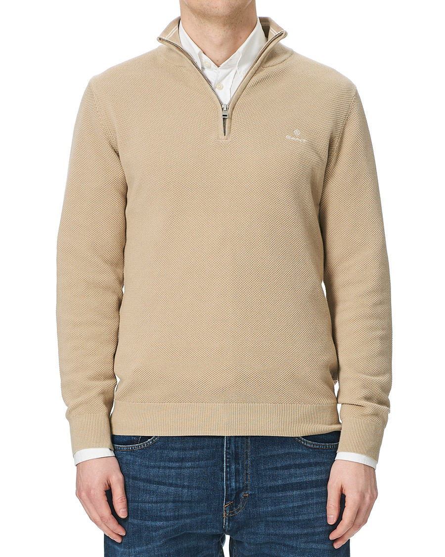 Hombres | Jerséis y prendas de punto | GANT | Cotton Pique Half-Zip Sweater Dry Sand