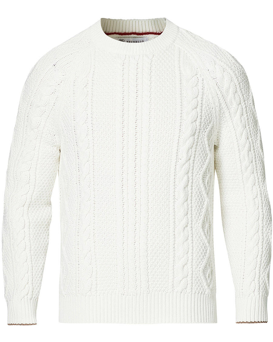 Hombres | Jerséis y prendas de punto | Brunello Cucinelli | Cotton Aran Cable Sweater Off White