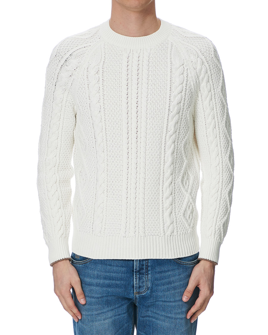 Hombres | Jerséis y prendas de punto | Brunello Cucinelli | Cotton Aran Cable Sweater Off White