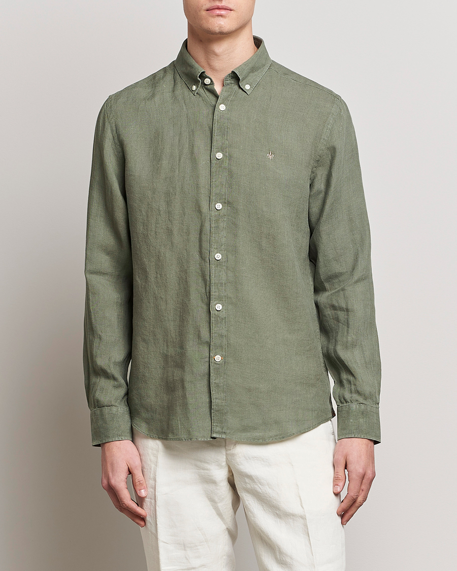 Hombres | Camisas de lino | Morris | Douglas Linen Button Down Shirt Olive