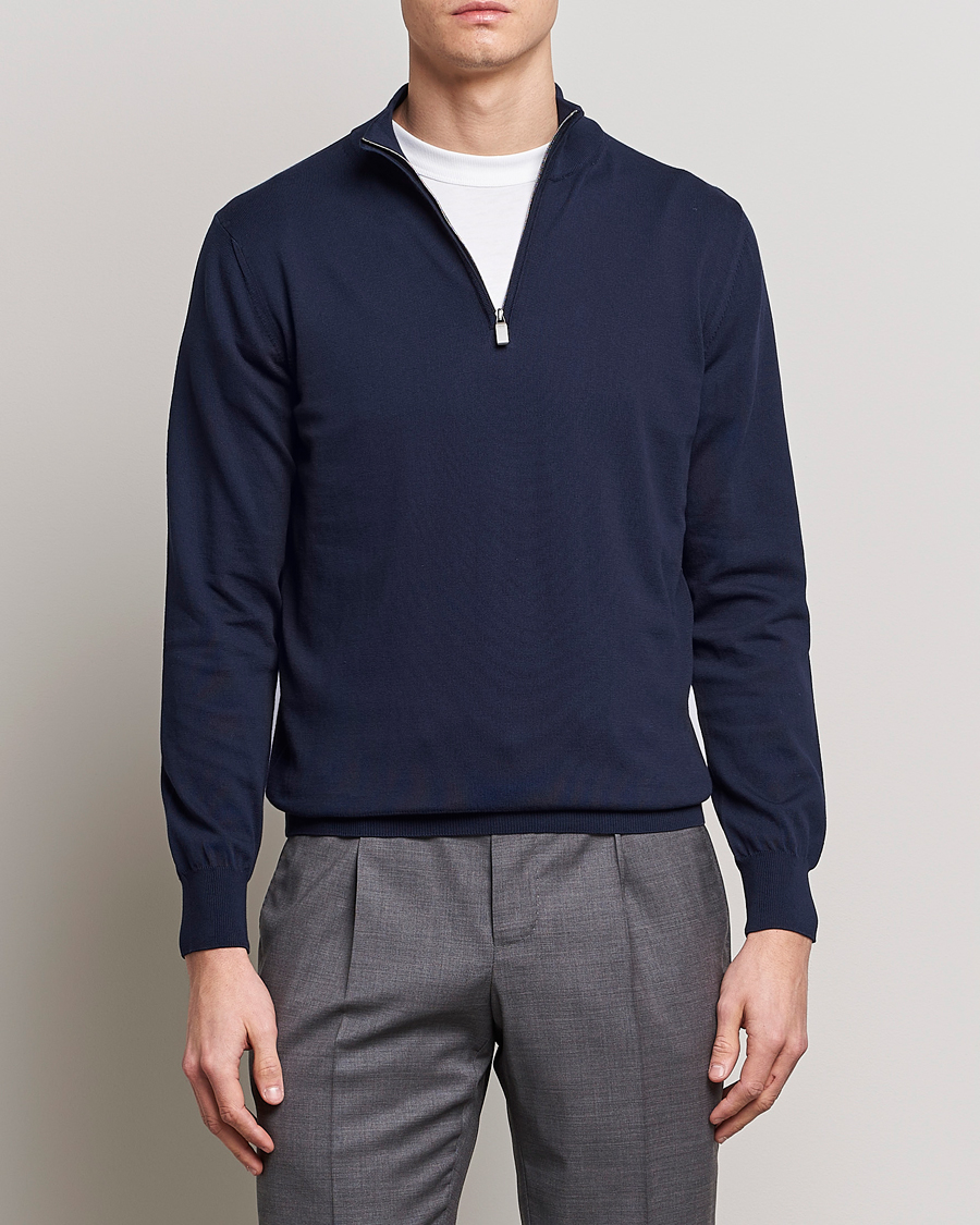 Hombres | Italian Department | Canali | Cotton Half Zip Sweater Navy