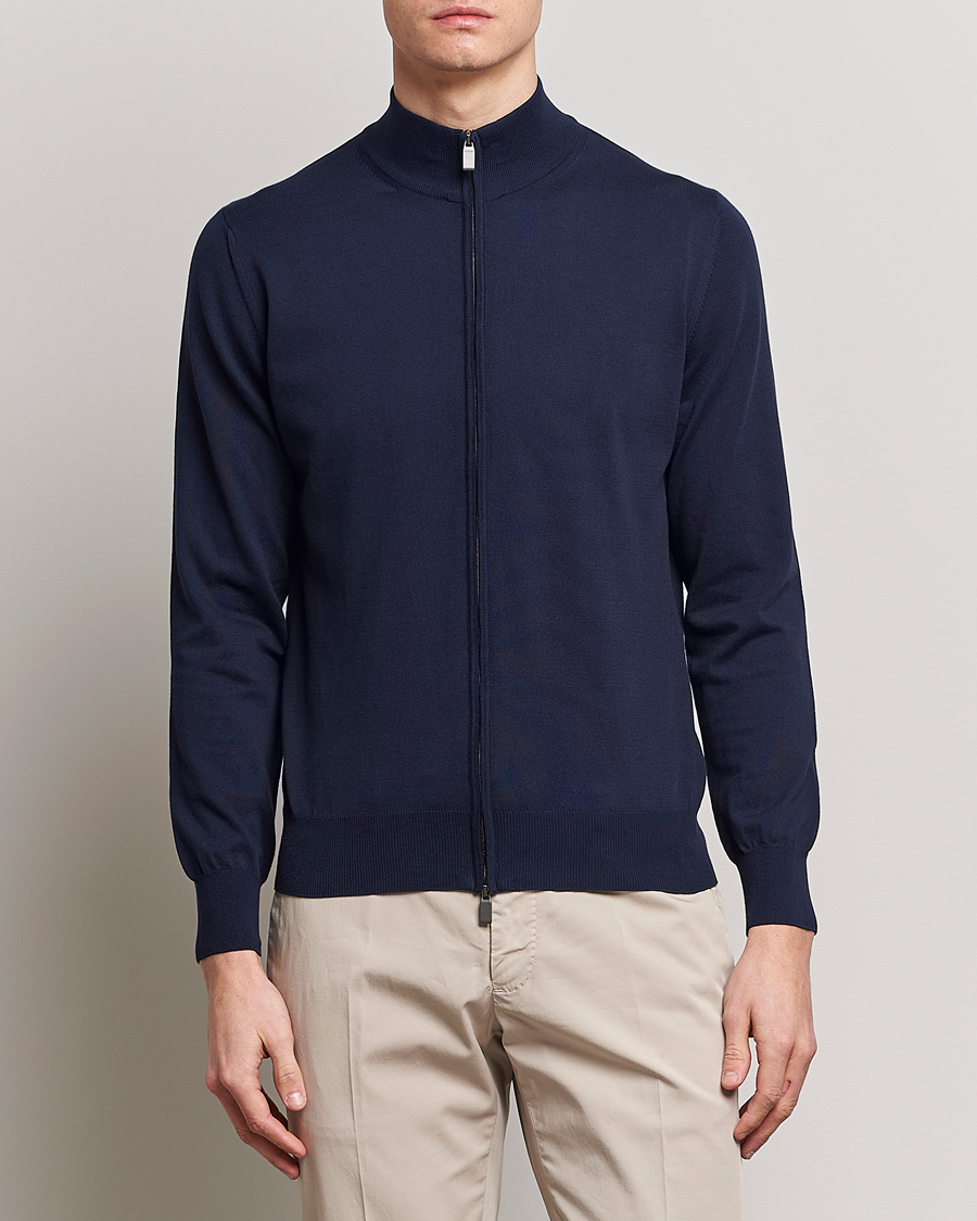 Hombres | Jerséis y prendas de punto | Canali | Cotton Full Zip Sweater Navy