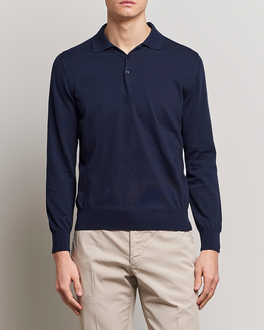 Hombres | Quiet Luxury | Canali | Cotton Long Sleeve Polo Navy