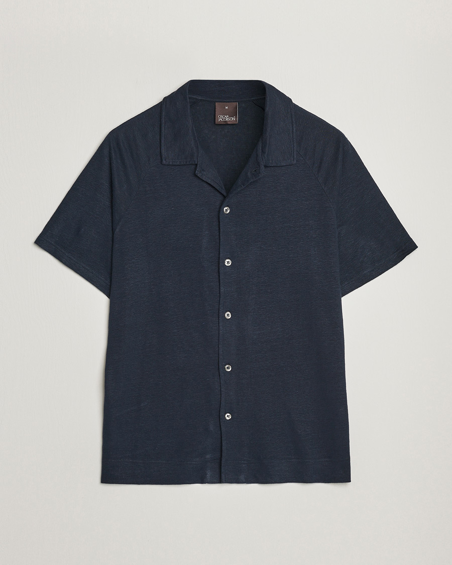 Hombres | Polos | Oscar Jacobson | Albin Short Sleeve Linen Polo Navy