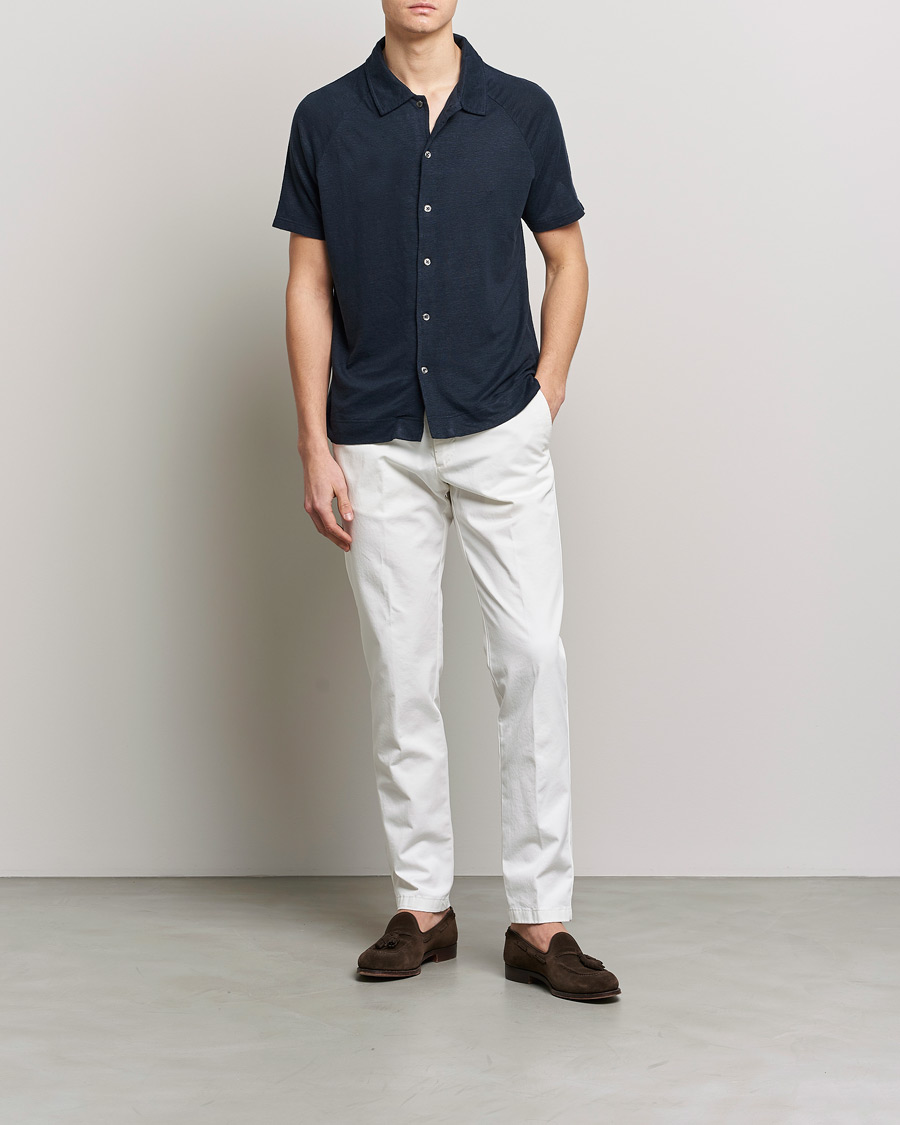 Hombres | Polos | Oscar Jacobson | Albin Short Sleeve Linen Polo Navy