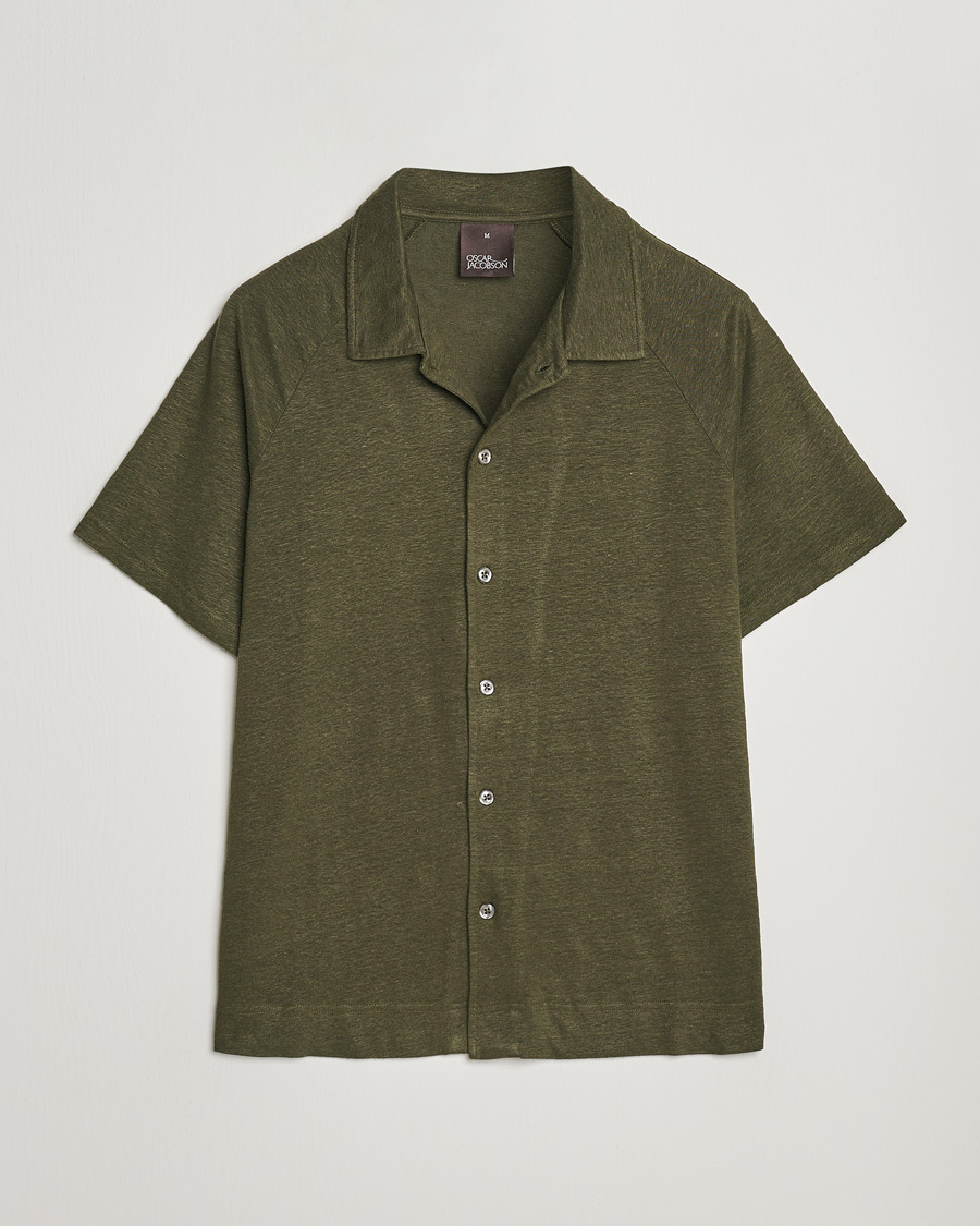 Hombres | Polos | Oscar Jacobson | Albin Short Sleeve Linen Polo Olive