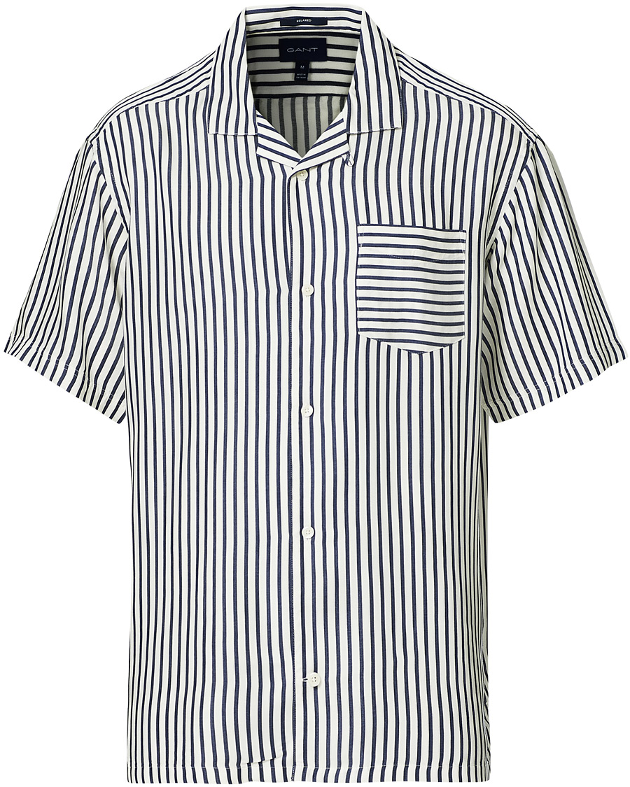 Hombres | Camisas | Gant | Rel Stripe Camp Collar Short Sleeve Shirt White/Blue