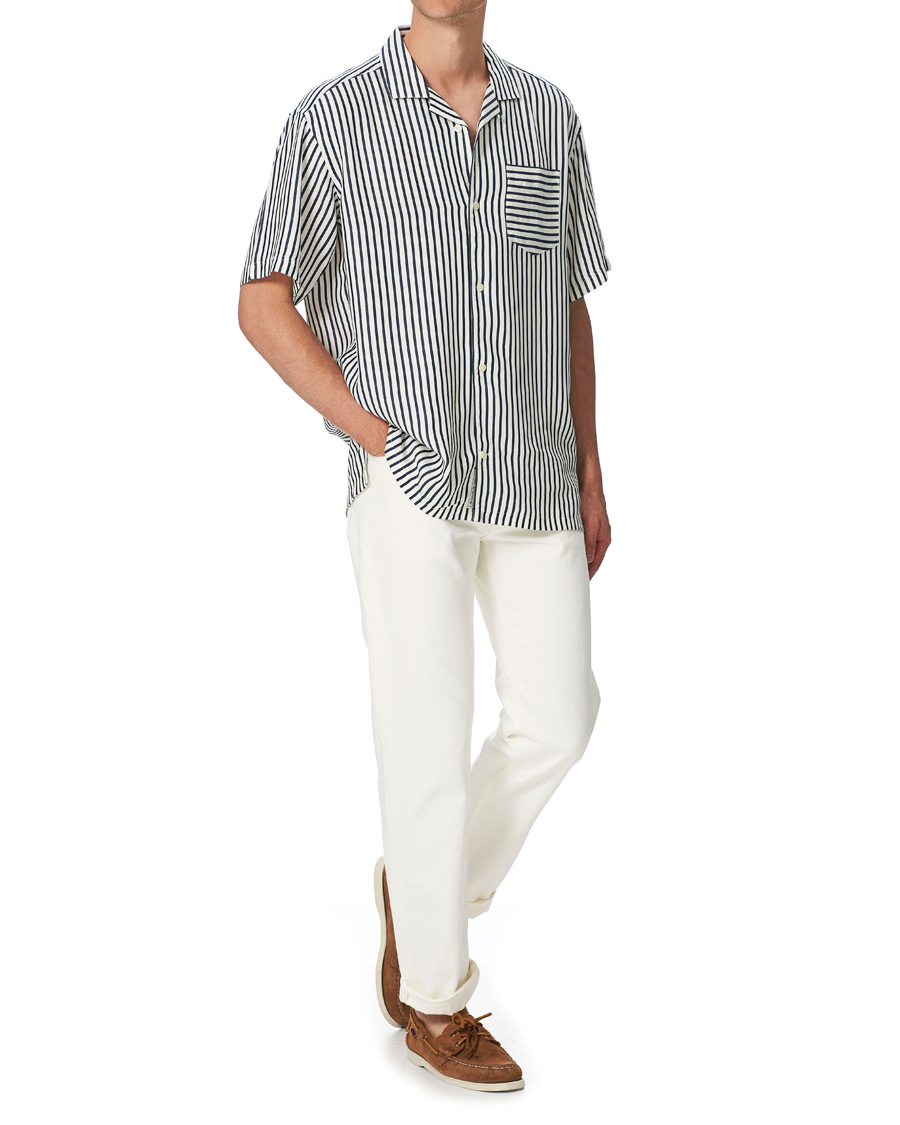 Hombres | Camisas | Gant | Rel Stripe Camp Collar Short Sleeve Shirt White/Blue
