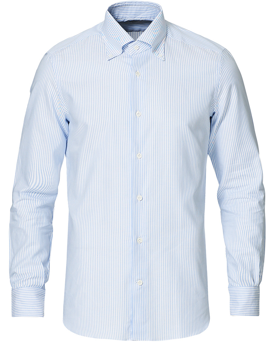 Hombres | Camisas | Mazzarelli | Soft Button Down Stripe Oxford Shirt Light Blue