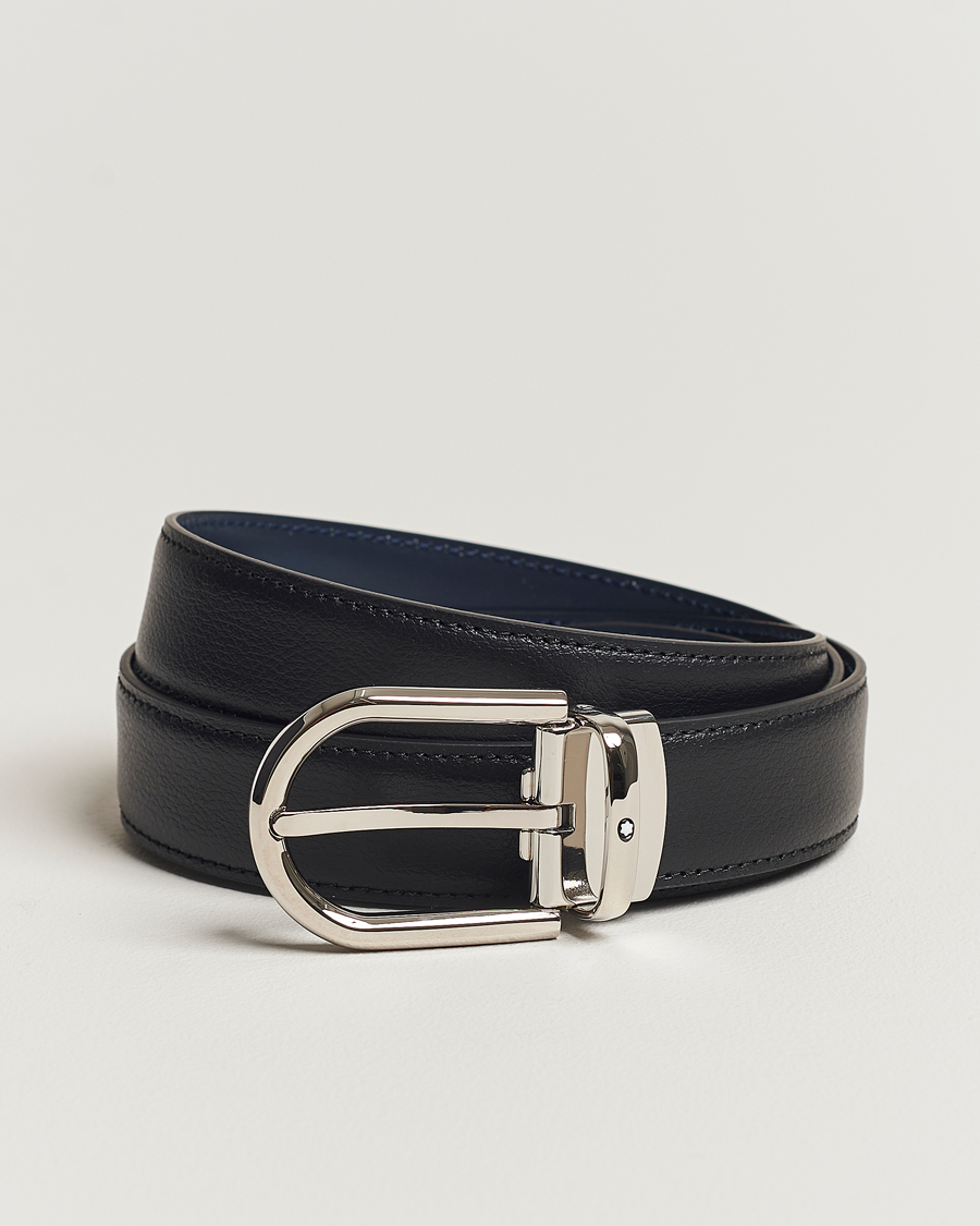 Hombres | Montblanc Reversible Horseshoe Leather Belt 30mm Blue/Black Grain | Montblanc | Reversible Horseshoe Leather Belt 30mm Blue/Black Grain