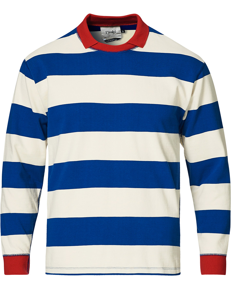 Hombres | Camisetas | Drake's | Mock Collar Long Sleeve Tee Blue/White