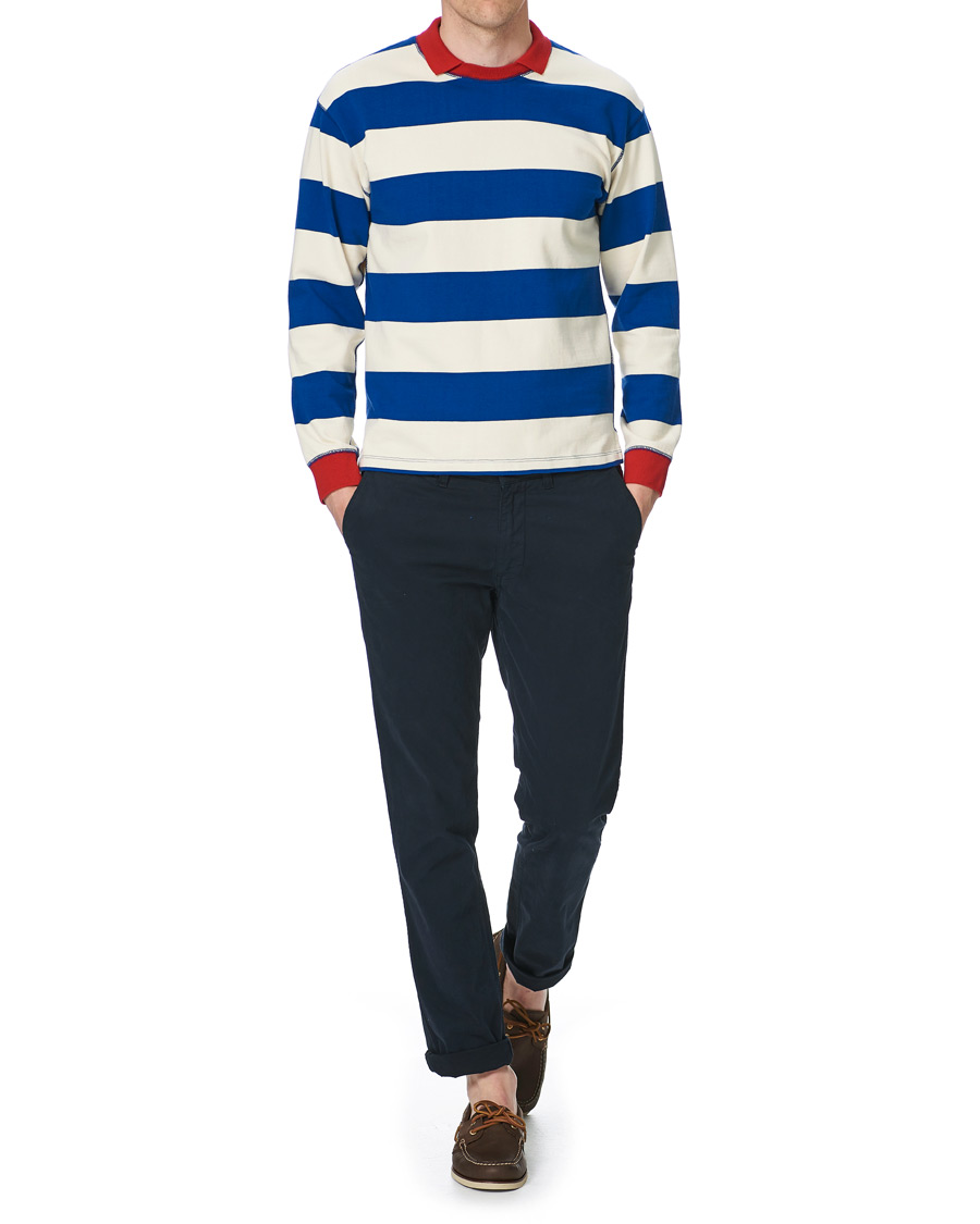 Hombres | Camisetas | Drake's | Mock Collar Long Sleeve Tee Blue/White