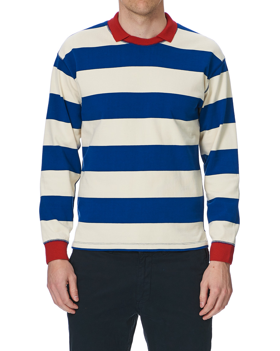 Hombres | Camisetas | Drake's | Mock Collar Long Sleeve Tee Blue/White