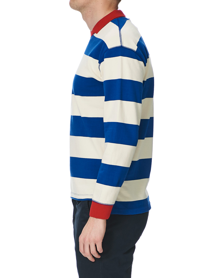 Hombres | Camisetas | Drake's | Mock Collar Long Sleeve Tee Blue/White