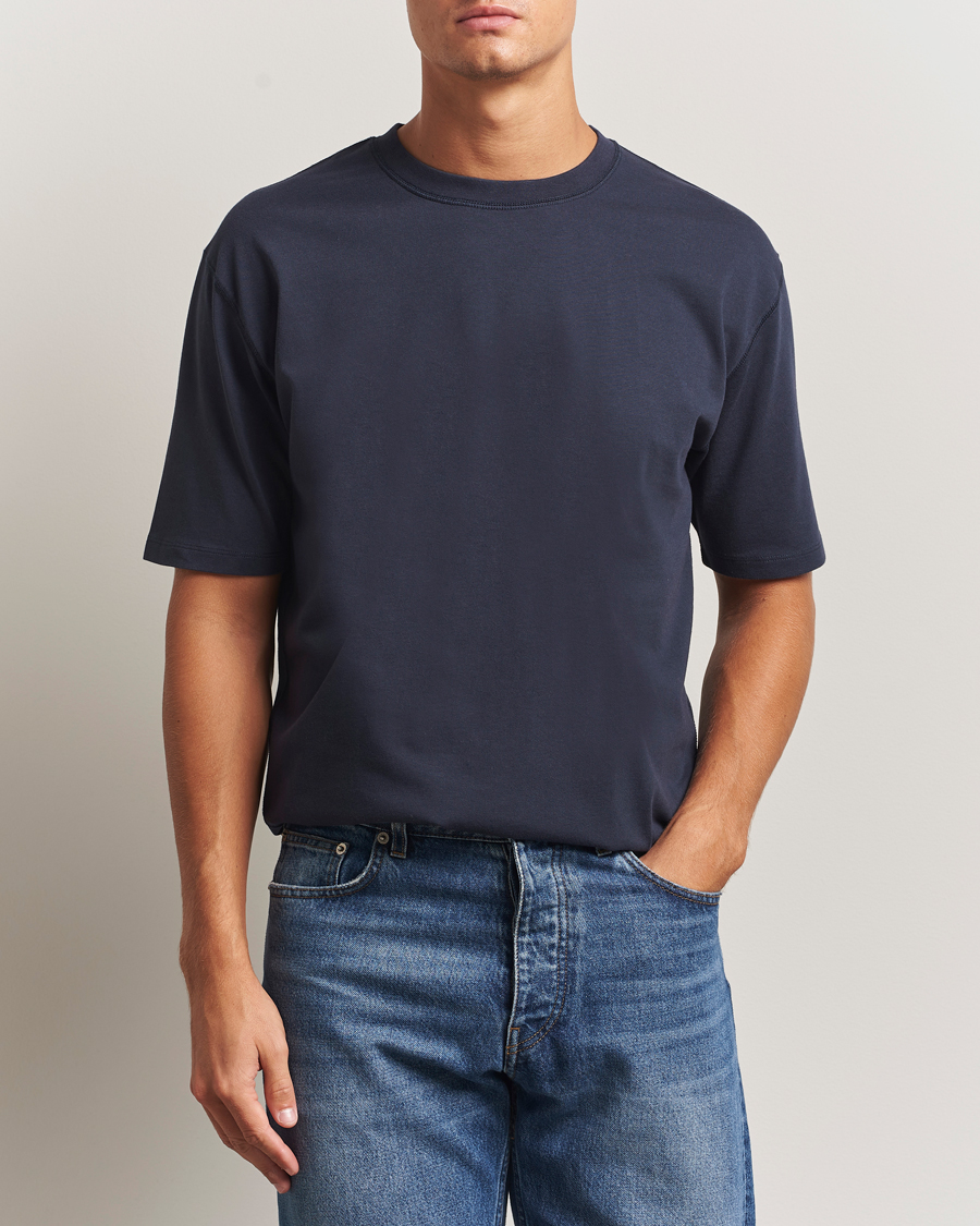 Hombres | Camisetas | Drake's | Short Sleeve Hiking T-Shirt Navy