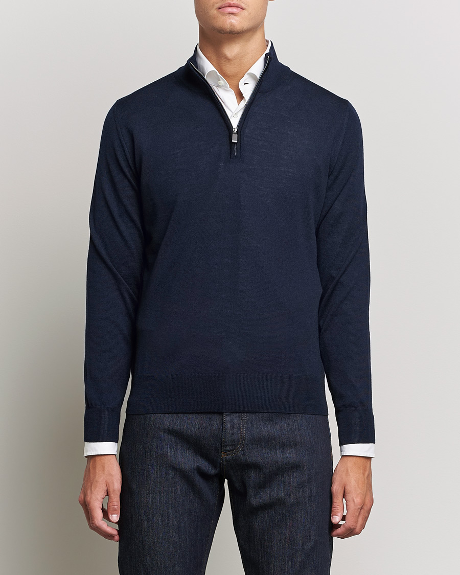 Hombres | Jerséis y prendas de punto | Canali | Merino Wool Half Zip Navy